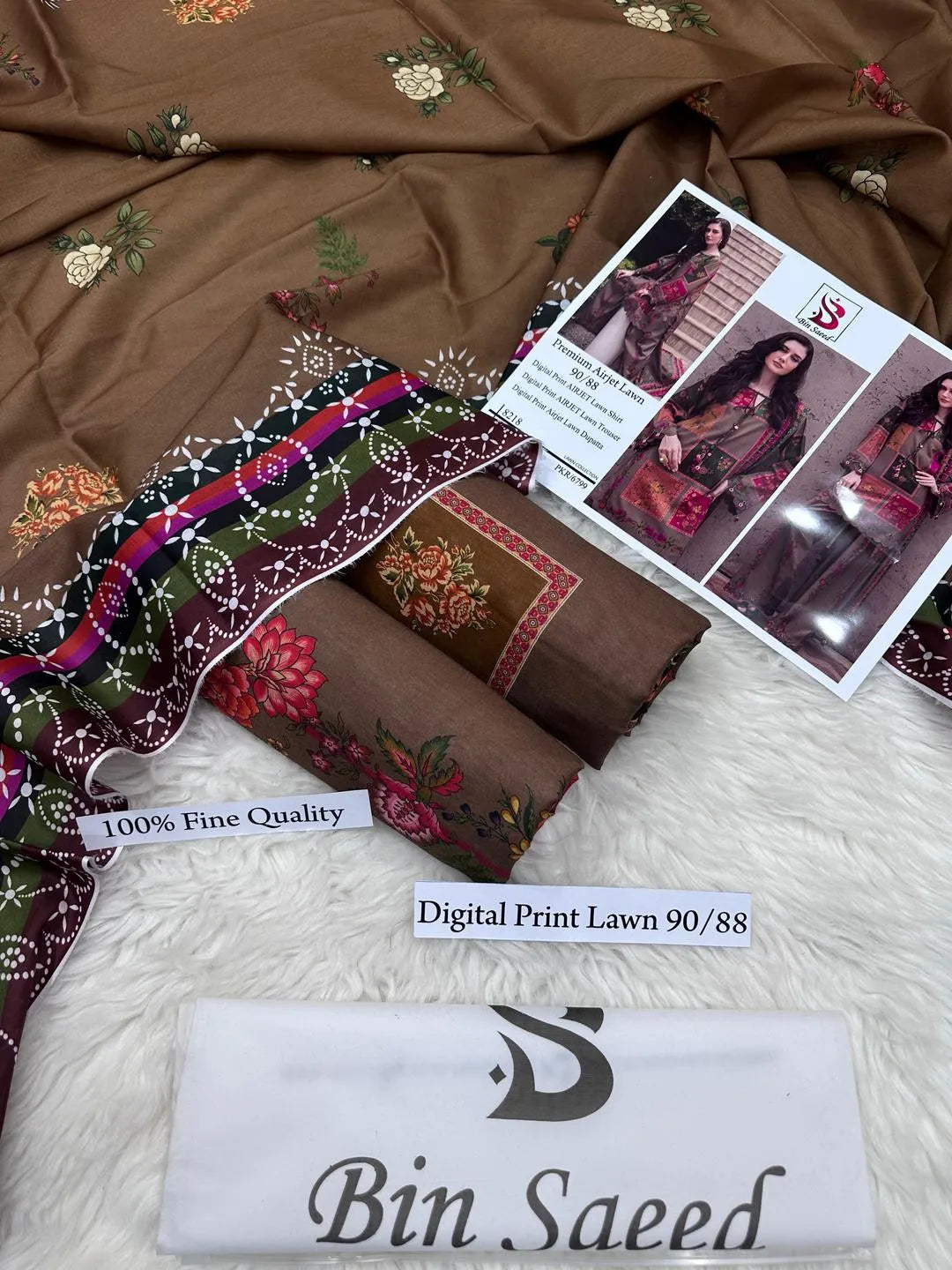 Unstitched Printed Suit Brown Floral Geometric Eid Wear