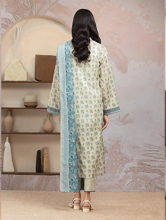 Linen Printed 3-Piece Suit Off-White Blue Floral