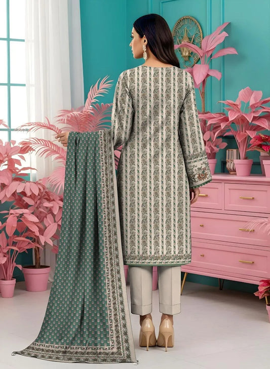 Women Printed Dobby Lawn Suit Off White Green Grey 3 Pcs