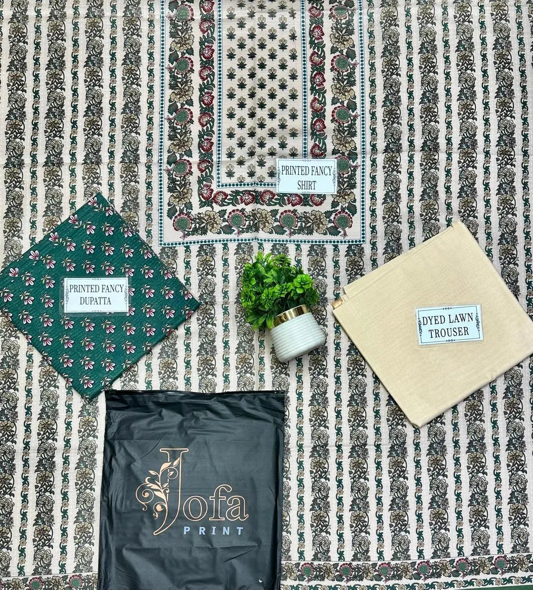 Women Printed Dobby Lawn Suit Off White Green Grey 3 Pcs