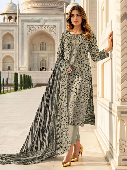 Elegant Printed 3-Piece Suit Grey for Eid & Weddings