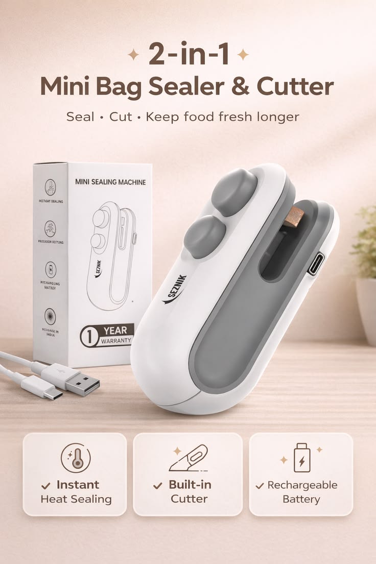 2-in-1 Heat Sealing Machine with Cutter – Mini USB Rechargeable Food Bag Sealer for Snacks & Storage