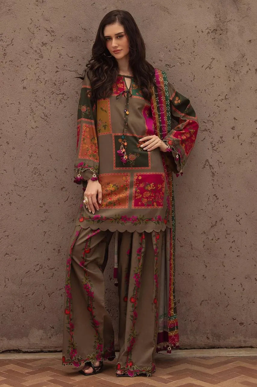 Unstitched Printed Suit Brown Floral Geometric Eid Wear