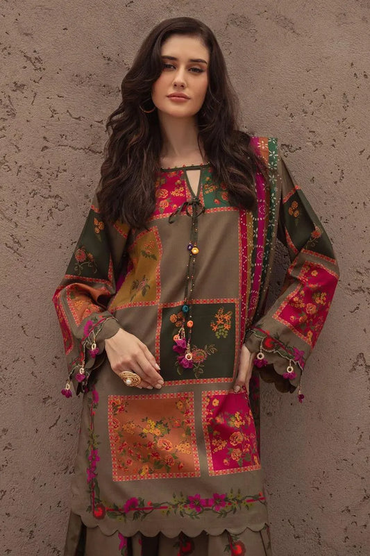 Unstitched Printed Suit Brown Floral Geometric Eid Wear