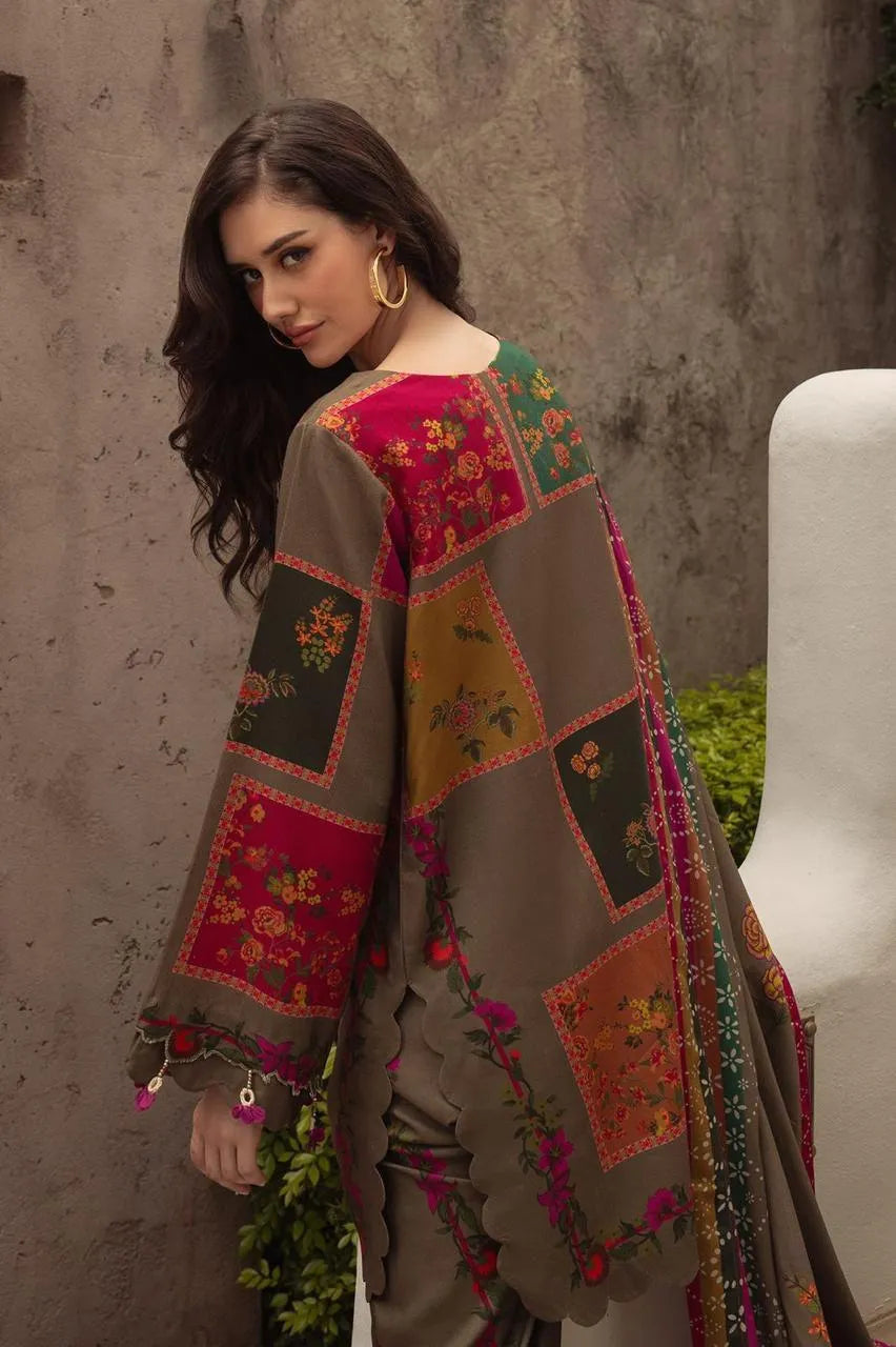 Unstitched Printed Suit Brown Floral Geometric Eid Wear