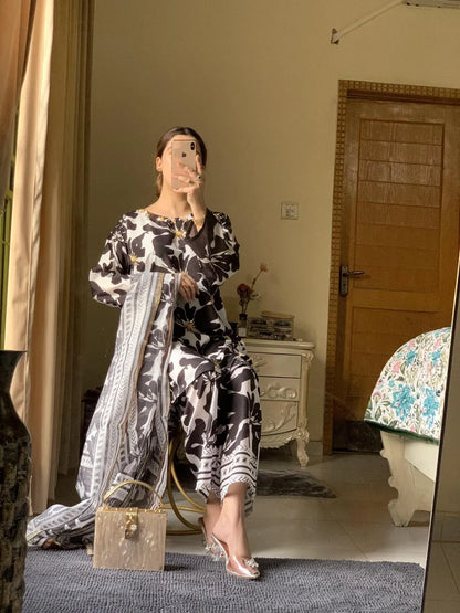 3 Pcs Women's Stitched Suit [Arabic Lawn Suit]