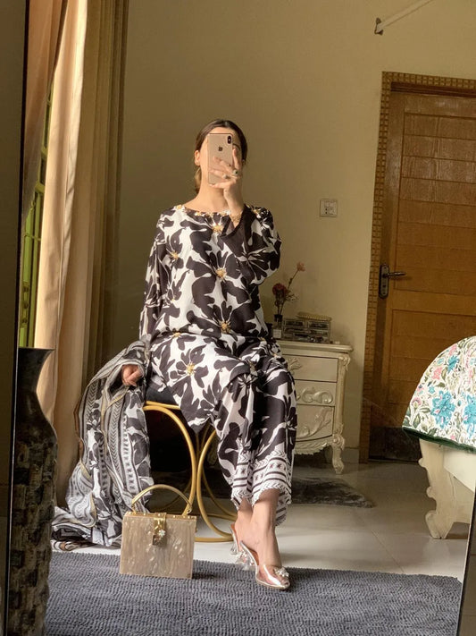 3 Pcs Women's Stitched Suit [Arabic Lawn Suit]