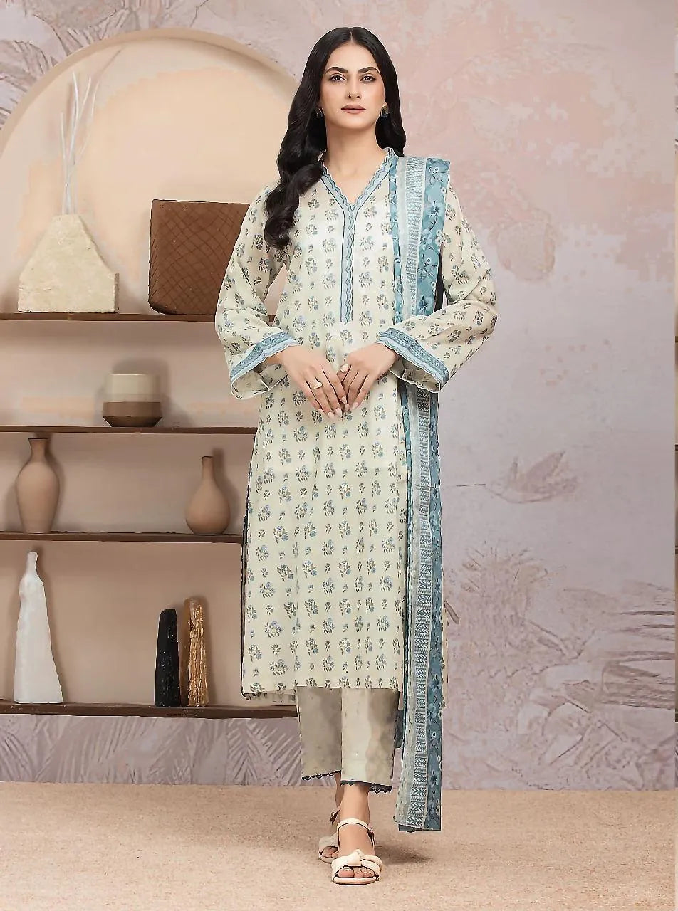Linen Printed 3-Piece Suit Off-White Blue Floral