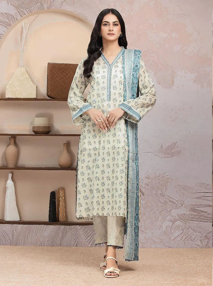 Linen Printed 3-Piece Suit Off-White Blue Floral