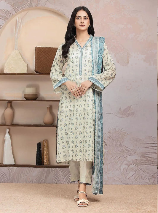 Linen Printed 3-Piece Suit Off-White Blue Floral
