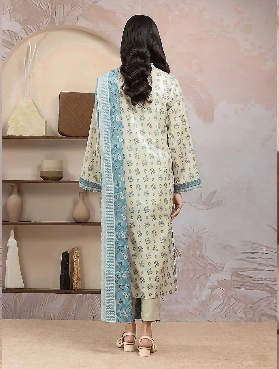 Linen Printed 3-Piece Suit Off-White Blue Floral