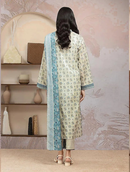 Linen Printed 3-Piece Suit Off-White Blue Floral
