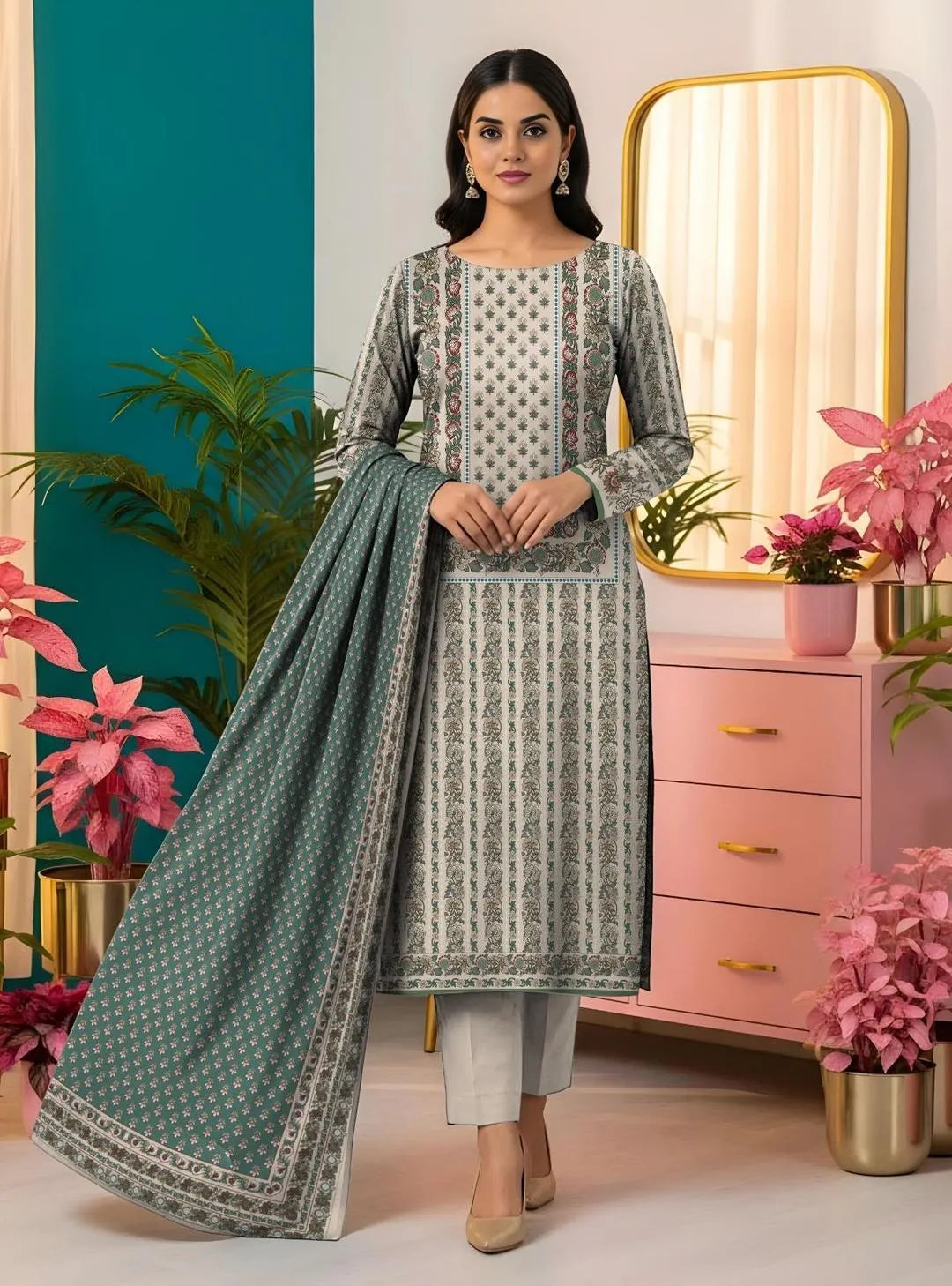 Women Printed Dobby Lawn Suit Off White Green Grey 3 Pcs