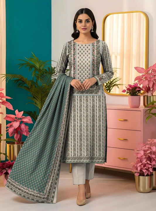 Women Printed Dobby Lawn Suit Off White Green Grey 3 Pcs