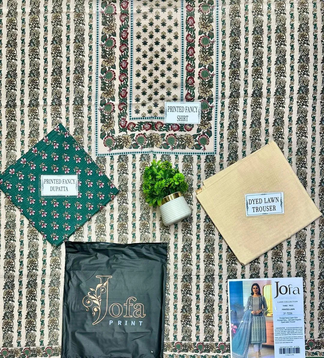 Women Printed Dobby Lawn Suit Off White Green Grey 3 Pcs