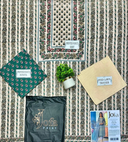 Women Printed Dobby Lawn Suit Off White Green Grey 3 Pcs