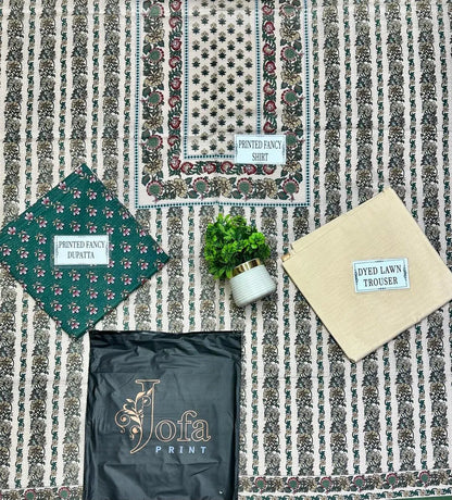 Women Printed Dobby Lawn Suit Off White Green Grey 3 Pcs