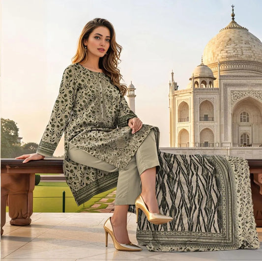 Elegant Printed 3-Piece Suit Grey for Eid & Weddings