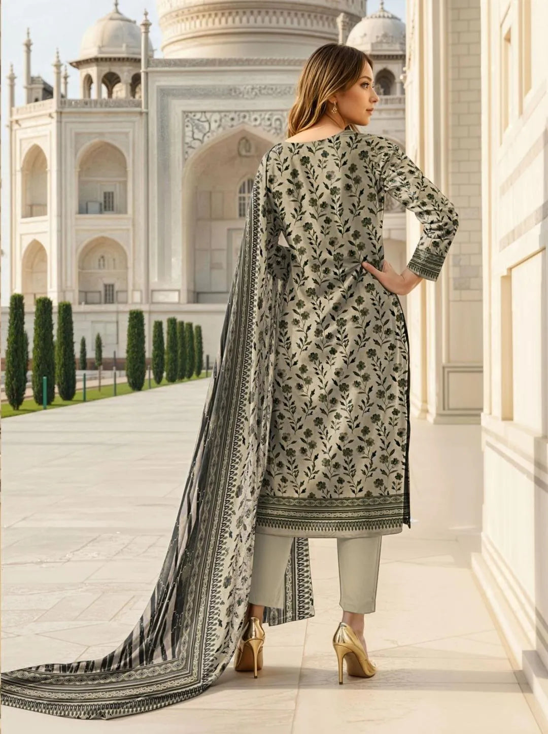 Elegant Printed 3-Piece Suit Grey for Eid & Weddings