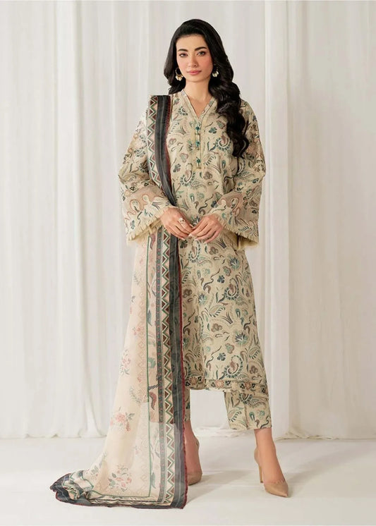 LAWN 3PCS Printed Embroidered Suit Beige
