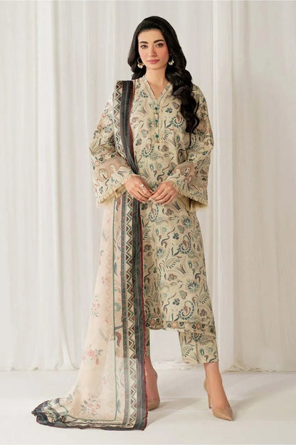 LAWN 3PCS Printed Embroidered Suit Beige