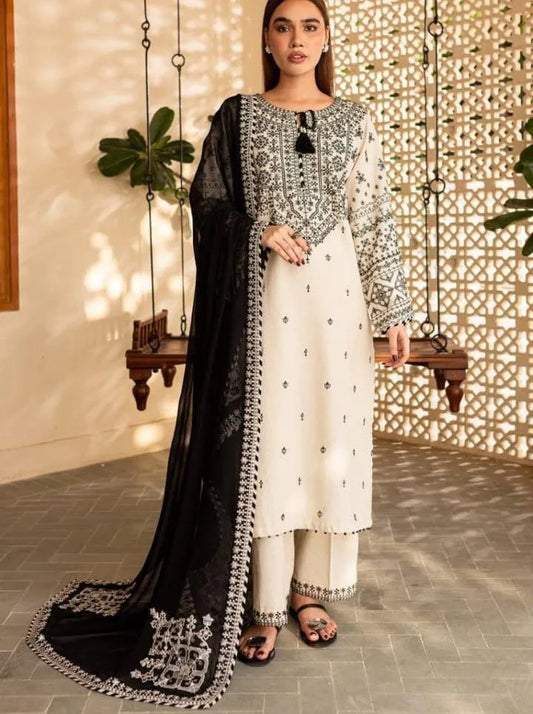 Cotton Embroidered 3 Pcs Suit White Black Organza Dupatta