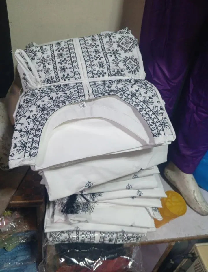 Cotton Embroidered 3 Pcs Suit White Black Organza Dupatta