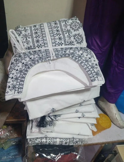 Cotton Embroidered 3 Pcs Suit White Black Organza Dupatta