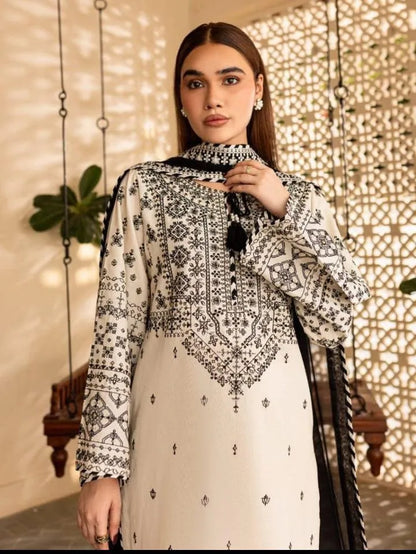 Cotton Embroidered 3 Pcs Suit White Black Organza Dupatta