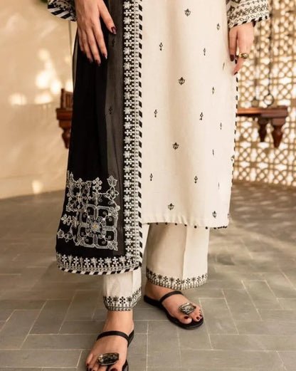 Cotton Embroidered 3 Pcs Suit White Black Organza Dupatta