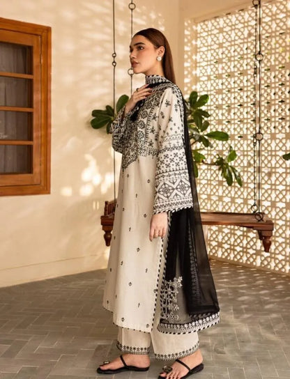 Cotton Embroidered 3 Pcs Suit White Black Organza Dupatta